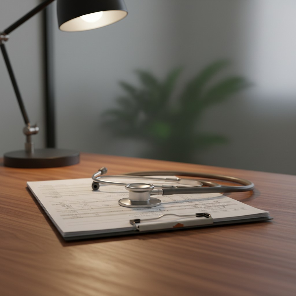 Desk with Stethoscope on clipboard and black desk lamp and plant in background.