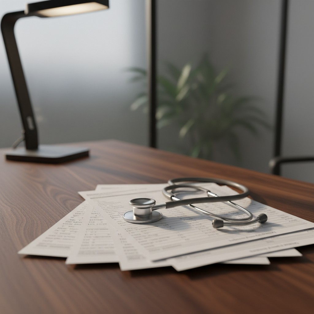 A desk with a stethoscope, medical papers, and a lamp.