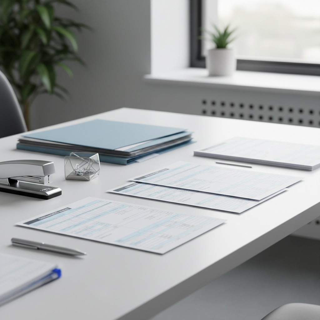 The image depicts a clean desk in an office setting with documents, a notebook, binder, stapler, pen, and paperclip contai...