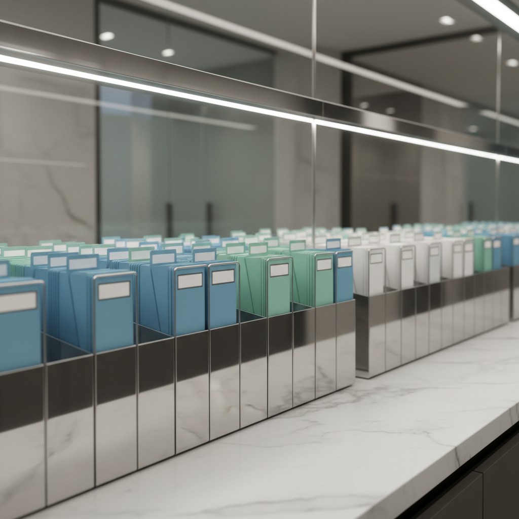 A modern office filing system with blue, green, and white folders organized in front of a mirror.