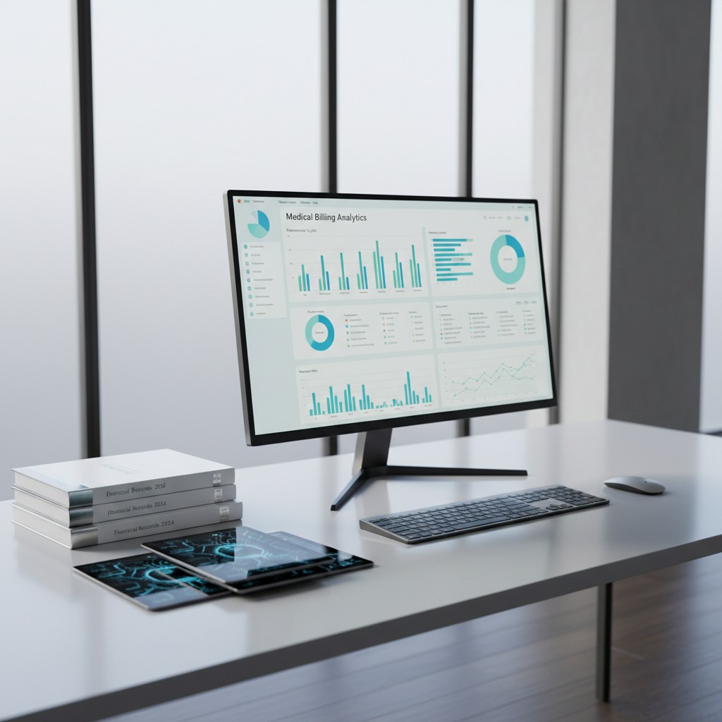 An office area with a computer displaying medical billing analytics.
